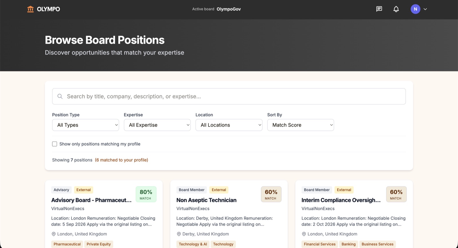 Browsing open board mandates on Olympo