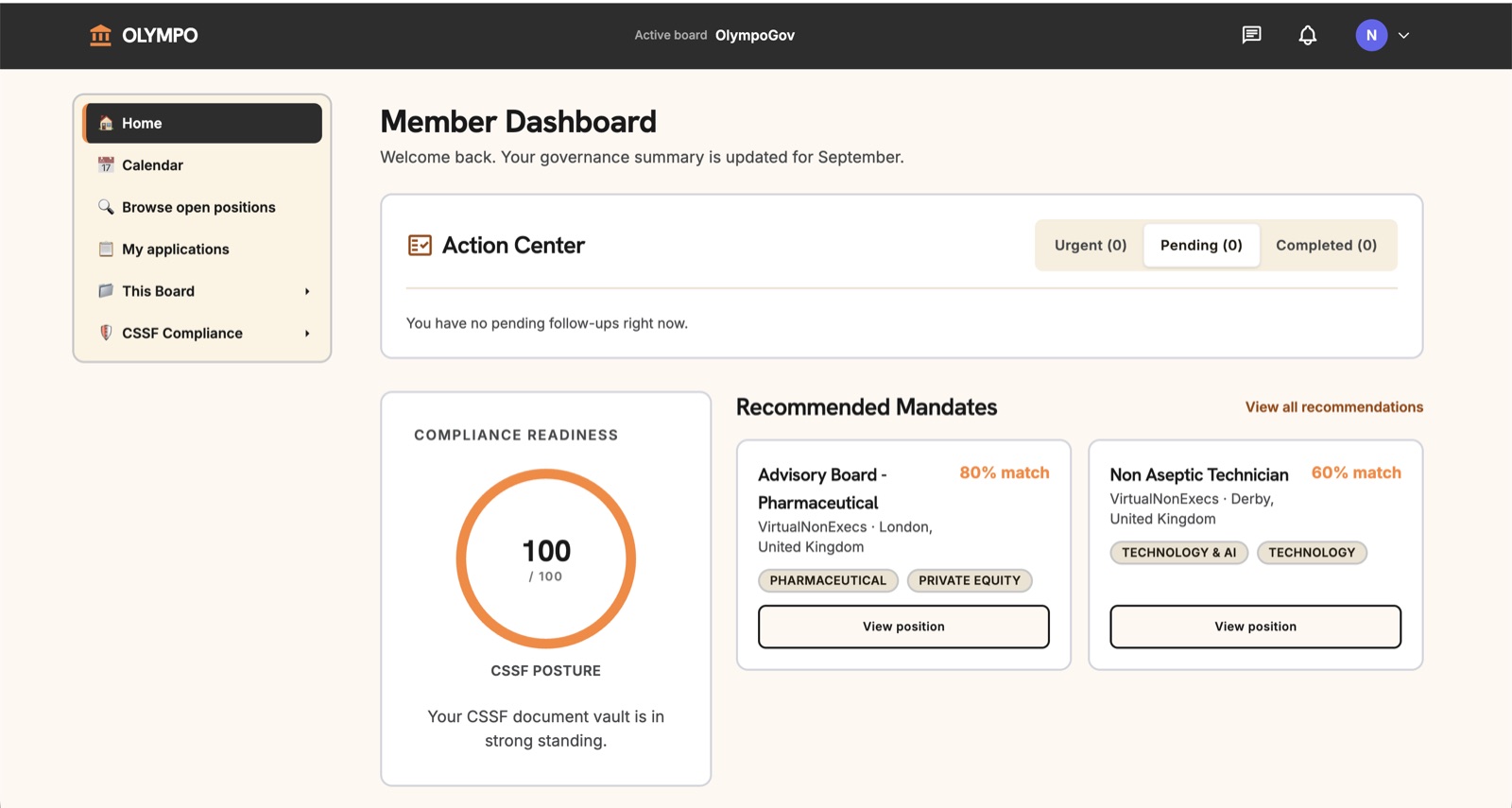 Olympo member dashboard